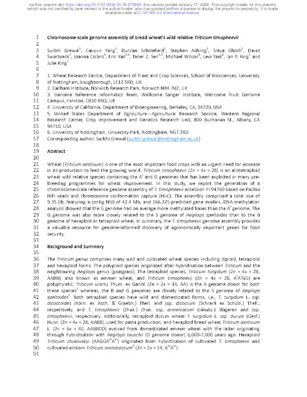 Chromosome-scale genome assembly of bread wheat’s wild relativeTriticum timopheevii Thumbnail