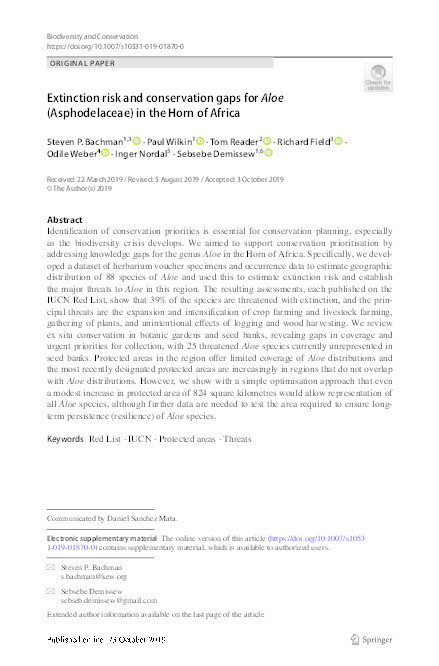 Extinction risk and conservation gaps for Aloe (Asphodelaceae) in the Horn of Africa Thumbnail