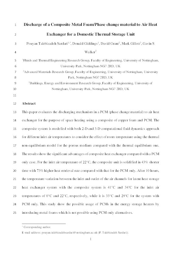 Discharge of a composite metal foam/phase change material to air heat exchanger for a domestic thermal storage unit Thumbnail