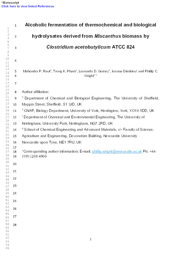 Alcoholic fermentation of thermochemical and biological hydrolysates derived from Miscanthus biomass by Clostridium acetobutylicum ATCC 824 Thumbnail