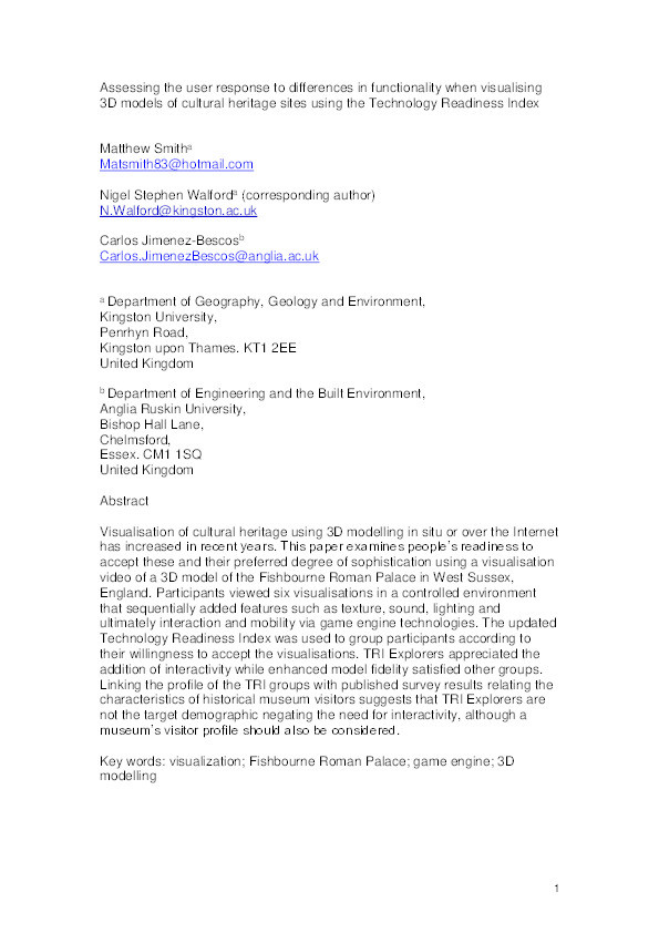Assessing the user response to differences in functionality when visualising 3D models of cultural heritage sites using the Technology Readiness Index Thumbnail