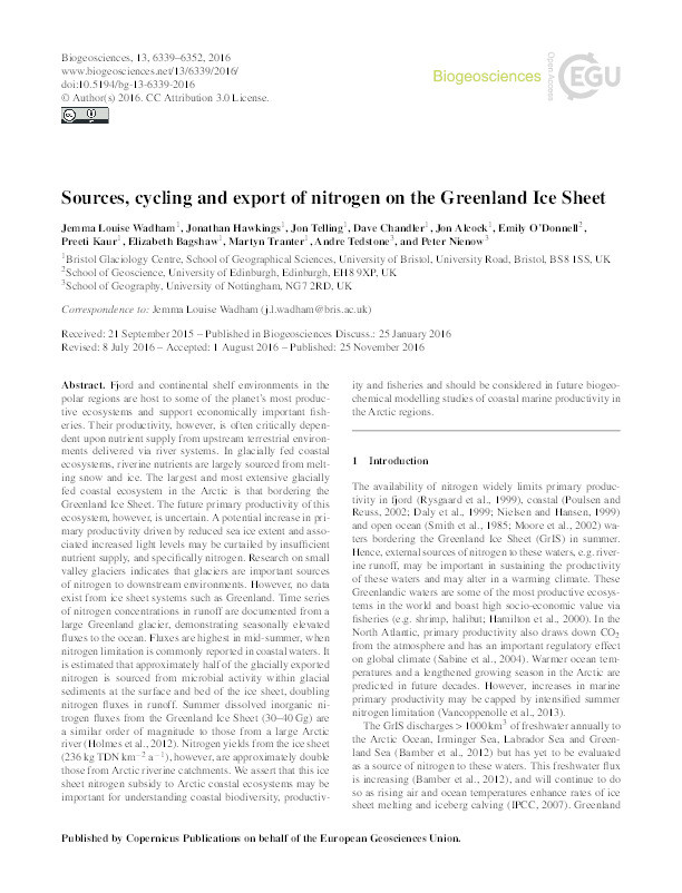 Sources, cycling and export of nitrogen on the Greenland Ice Sheet Thumbnail