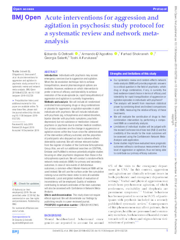 Acute interventions for aggression and agitation in psychosis: study protocol for a systematic review and network meta-analysis Thumbnail
