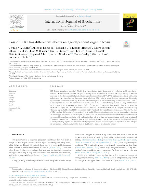 Loss of ELK1 has differential effects on age-dependent organ fibrosis and integrin expression Thumbnail