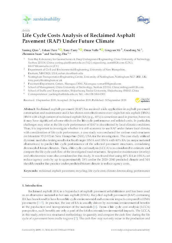 Life Cycle Costs Analysis of Reclaimed Asphalt Pavement (RAP) Under Future Climate Thumbnail