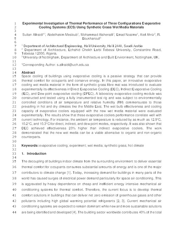 Experimental investigation of thermal performance of three configurations evaporative cooling systems (ECS) using synthetic grass wet media materials Thumbnail