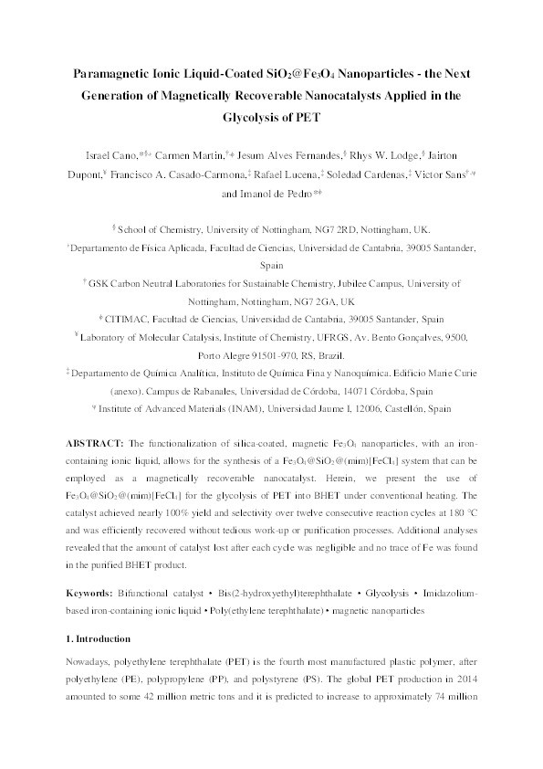 Paramagnetic ionic liquid-coated SiO2@Fe3O4 nanoparticles—The next generation of magnetically recoverable nanocatalysts applied in the glycolysis of PET Thumbnail