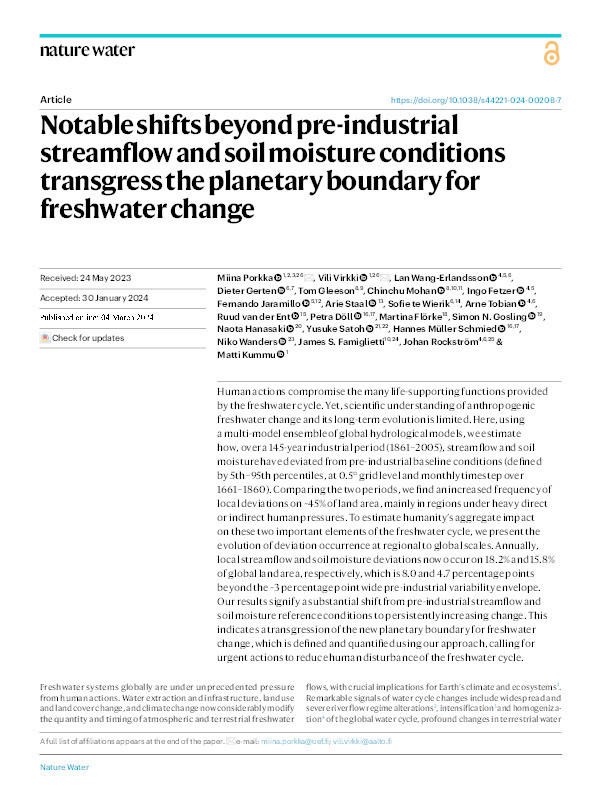 Notable shifts beyond pre-industrial streamflow and soil moisture conditions transgress the planetary boundary for freshwater change Thumbnail