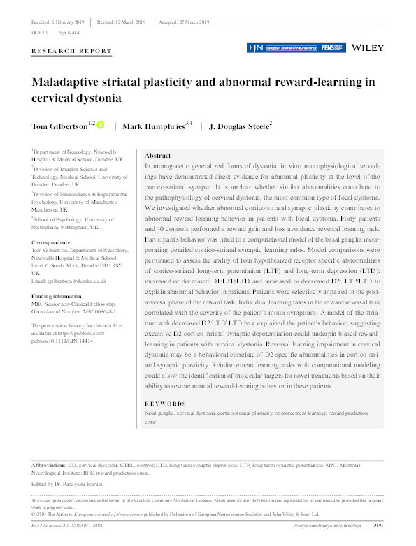 Maladaptive striatal plasticity and abnormal reward?learning in cervical dystonia Thumbnail