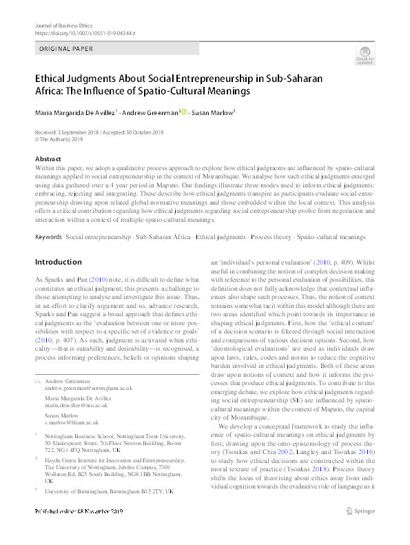 Ethical Judgments about Social Entrepreneurship in sub-Saharan Africa: The Influence of Spatio-Cultural Meanings Thumbnail