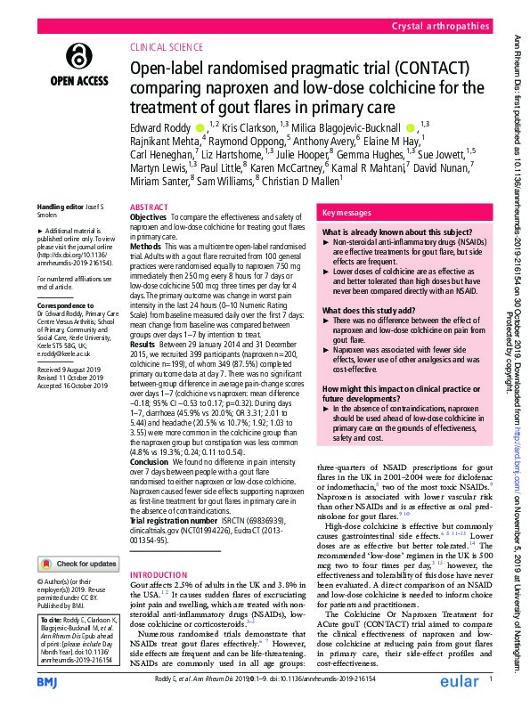 Open-label randomised pragmatic trial (CONTACT) comparing naproxen and low-dose colchicine for the treatment of gout flares in primary care Thumbnail
