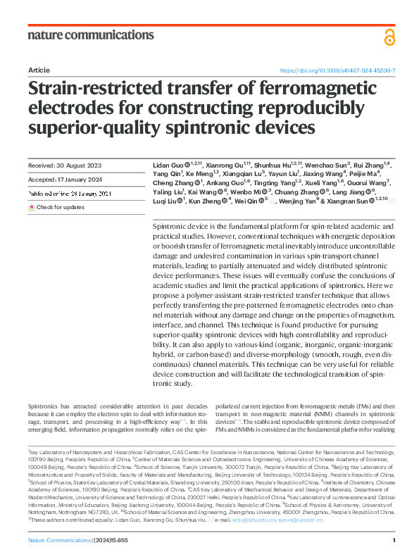 Strain-restricted transfer of ferromagnetic electrodes for constructing reproducibly superior-quality spintronic devices Thumbnail