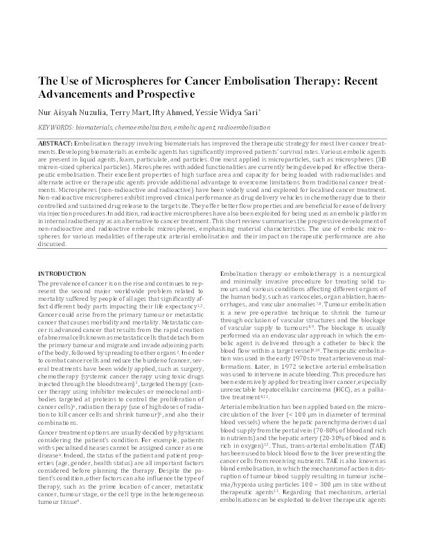 The Use of Microspheres for Cancer Embolization Therapy: Recent Advancements and Prospective Thumbnail