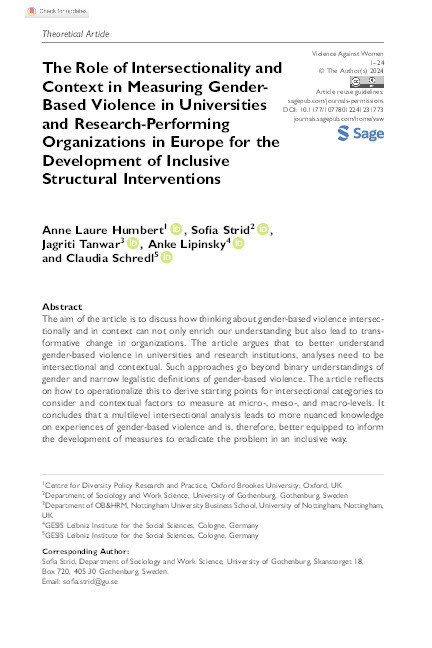 The Role of Intersectionality and Context in Measuring Gender-Based Violence in Universities and Research-Performing Organizations in Europe for the Development of Inclusive Structural Interventions Thumbnail