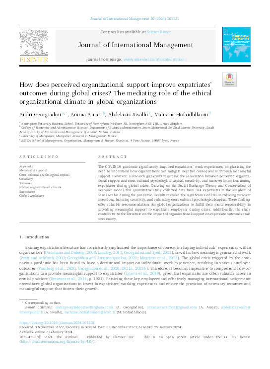 How does perceived organizational support improve expatriates' outcomes during global crises? The mediating role of the ethical organizational climate in global organizations Thumbnail