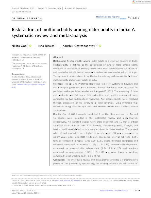 Risk factors of multimorbidity among older adults in India: A systematic review and meta-analysis Thumbnail