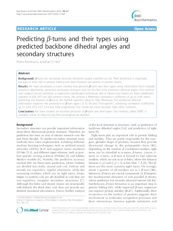 Predicting beta-turns and their types using predicted backbone dihedral angles and secondary structures Thumbnail