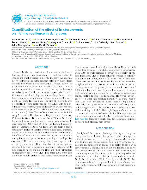 Quantification of the effect of in utero events on lifetime resilience in dairy cows Thumbnail