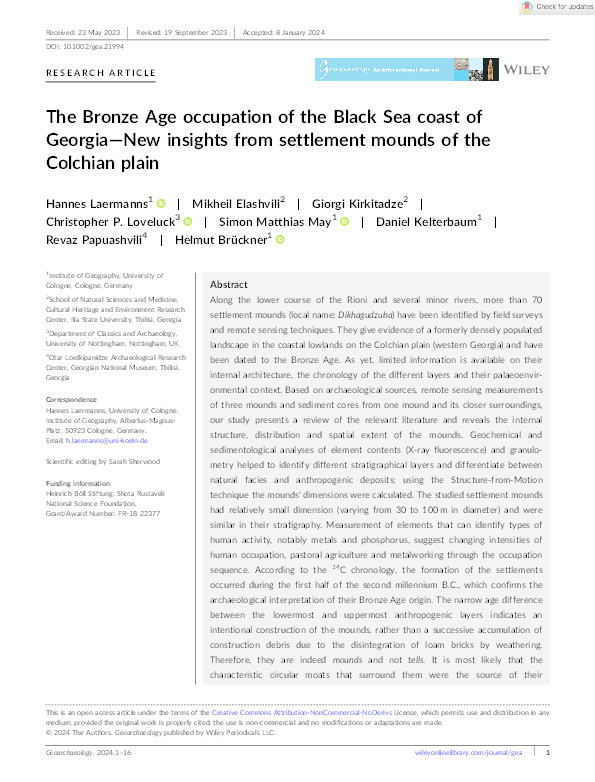 The Bronze Age occupation of the Black Sea coast of Georgia—New insights from settlement mounds of the Colchian plain Thumbnail