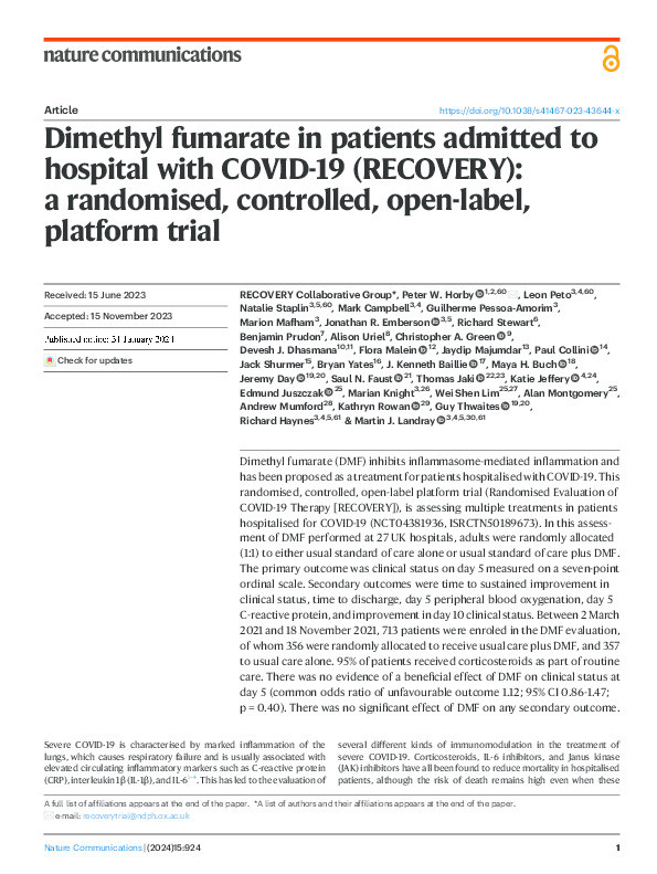 Dimethyl fumarate in patients admitted to hospital with COVID-19 (RECOVERY): a randomised, controlled, open-label, platform trial Thumbnail