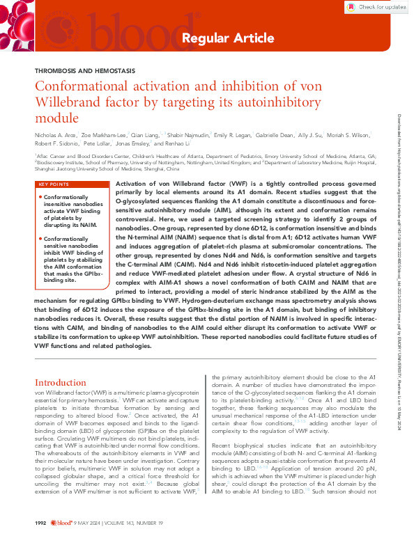 Conformational activation and inhibition of von Willebrand factor by targeting its autoinhibitory module Thumbnail