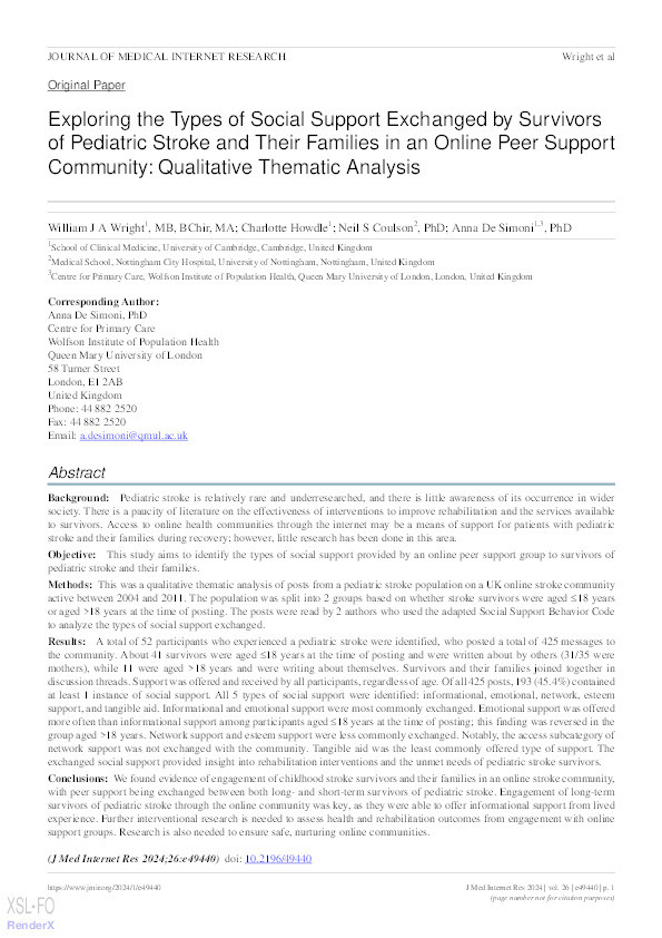 Exploring the Types of Social Support Exchanged by Survivors of Pediatric Stroke and Their Families in an Online Peer Support Community: Qualitative Thematic Analysis Thumbnail