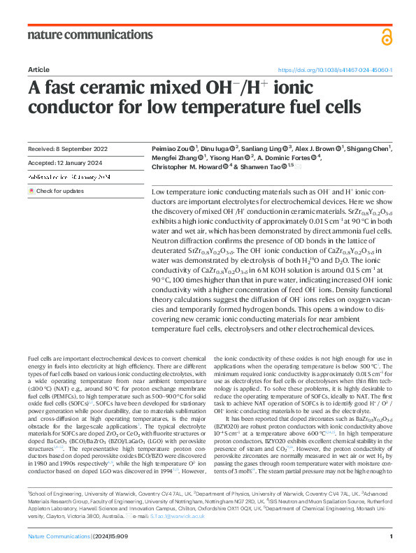 A fast ceramic mixed OH−/H+ ionic conductor for low temperature fuel cells Thumbnail