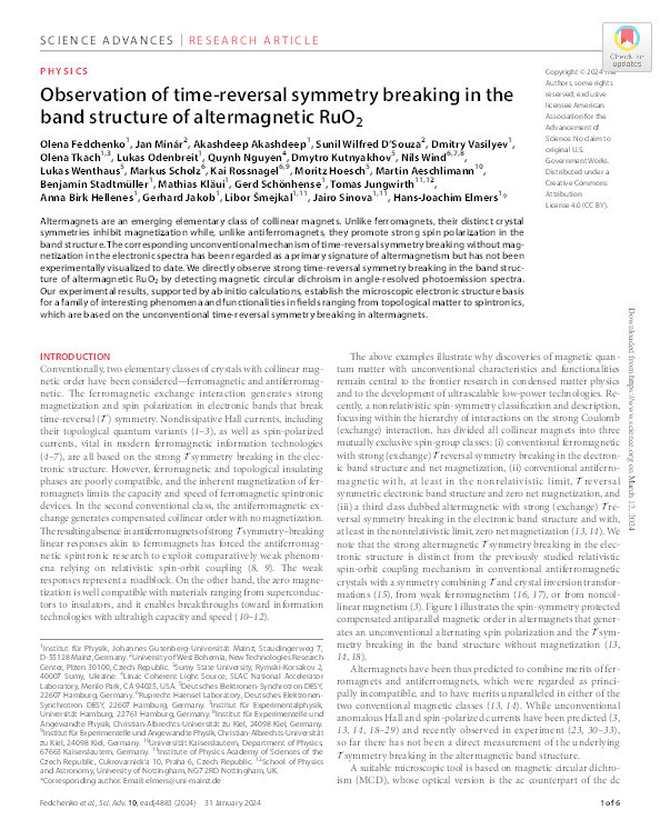 Observation of time-reversal symmetry breaking in the band structure of altermagnetic RuO 2 Thumbnail