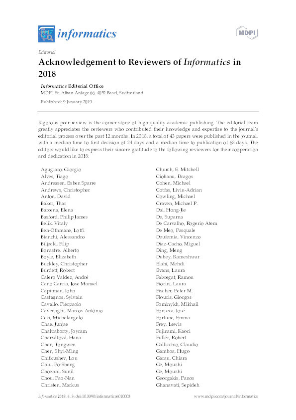 Acknowledgement to reviewers of informatics in 2018 Thumbnail
