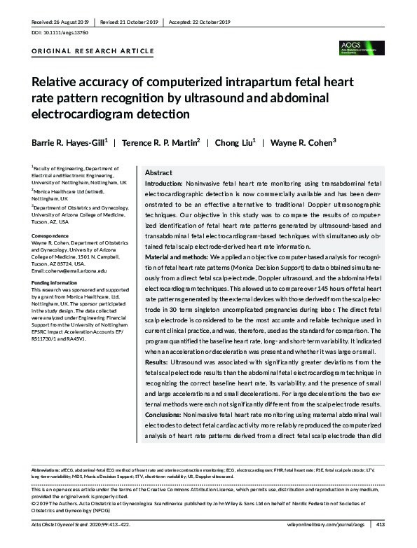 Relative accuracy of computerized intrapartum fetal heart rate pattern recognition by ultrasound and abdominal electrocardiogram detection Thumbnail
