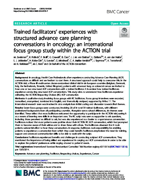 Trained facilitators’ experiences with structured advance care planning conversations in oncology: an international focus group study within the ACTION trial Thumbnail
