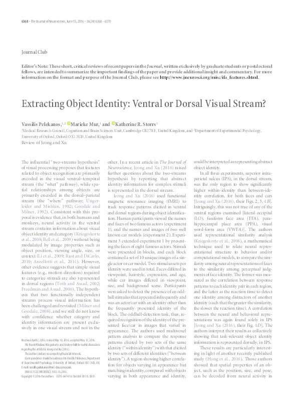 Extracting Object Identity: Ventral or Dorsal Visual Stream? Thumbnail