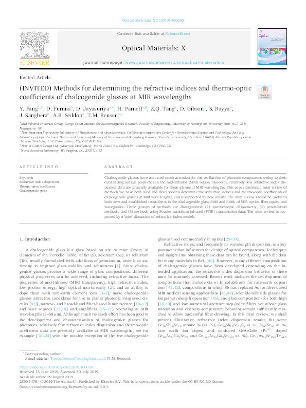 (INVITED) Methods for determining the refractive indices and thermo-optic coefficients of chalcogenide glasses at MIR wavelengths Thumbnail