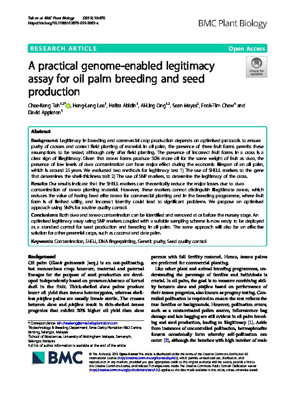 A practical genome-enabled legitimacy assay for oil palm breeding and seed production Thumbnail