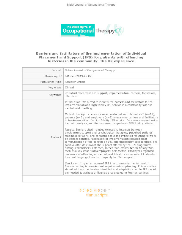 Barriers and facilitators to the implementation of individual placement and support (IPS) for patients with offending histories in the community: The United Kingdom experience Thumbnail
