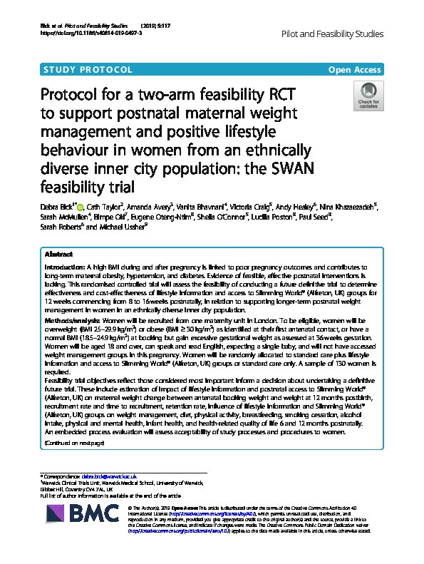 Protocol for a two-arm feasibility RCT to support postnatal maternal weight management and positive lifestyle behaviour in women from an ethnically diverse inner city population: the SWAN feasibility trial Thumbnail