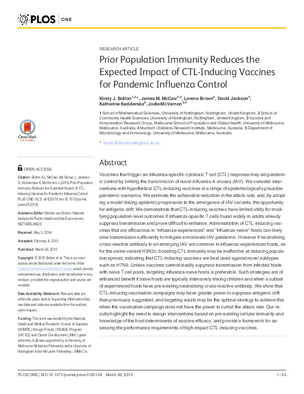 Prior Population Immunity Reduces the Expected Impact of CTL-Inducing Vaccines for Pandemic Influenza Control Thumbnail