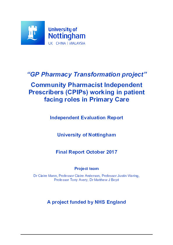 Community Pharmacist Independent Prescribers (CPIPs) working in patient facing roles in Primary Care Thumbnail