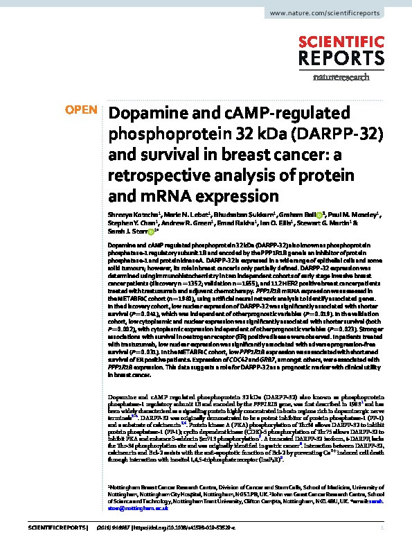 Dopamine and cAMP-regulated phosphoprotein 32 kDa (DARPP-32) and survival in breast cancer: a retrospective analysis of protein and mRNA expression Thumbnail
