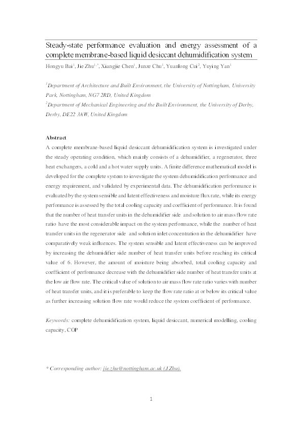 Steady-state performance evaluation and energy assessment of a complete membrane-based liquid desiccant dehumidification system Thumbnail