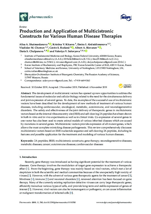 Production and Application of Multicistronic Constructs for Various Human Disease Therapies Thumbnail