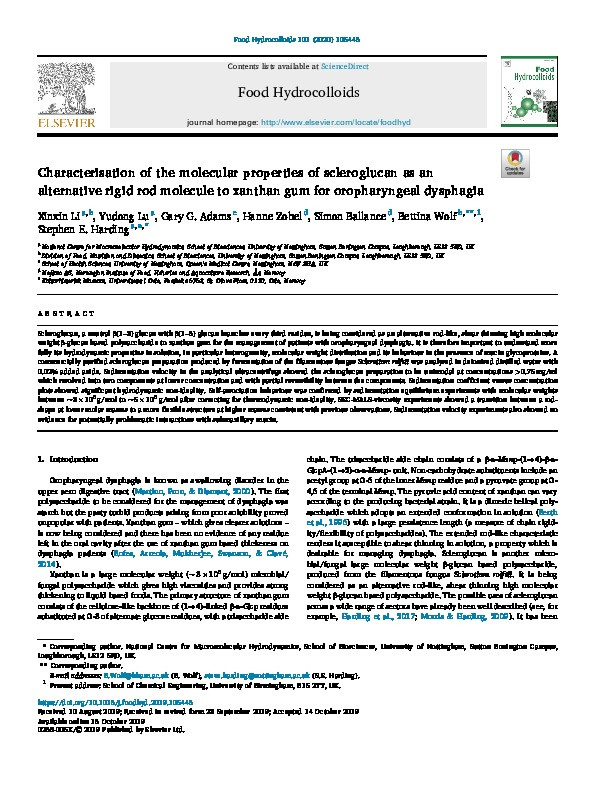 Characterisation of the molecular properties of scleroglucan as an alternative rigid rod molecule to xanthan gum for oropharyngeal dysphagia Thumbnail