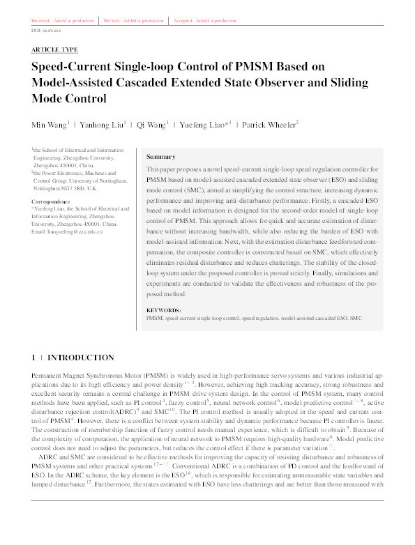 Speed‐current single‐loop control of PMSM based on model‐assisted cascaded extended state observer and sliding mode control Thumbnail