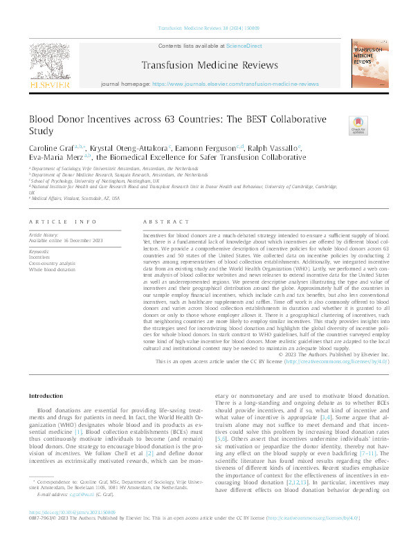 Blood Donor Incentives across 63 Countries: The BEST Collaborative Study Thumbnail