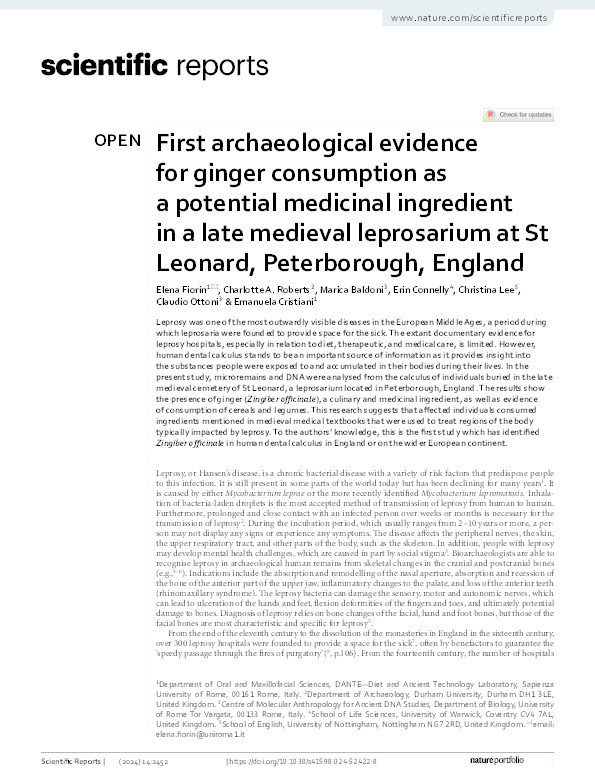 First archaeological evidence for ginger consumption as a potential medicinal ingredient in a late medieval leprosarium at St Leonard, Peterborough, England Thumbnail