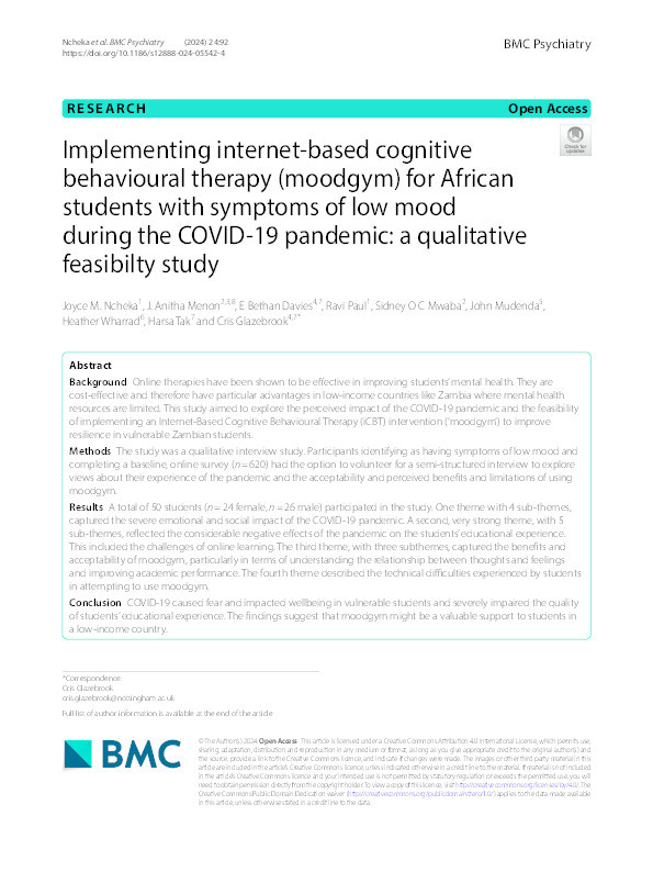 Implementing internet-based cognitive behavioural therapy (moodgym) for African students with symptoms of low mood during the COVID-19 pandemic: a qualitative feasibilty study Thumbnail
