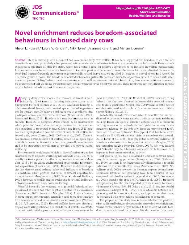 Novel enrichment reduces boredom-associated behaviours in housed dairy cows Thumbnail