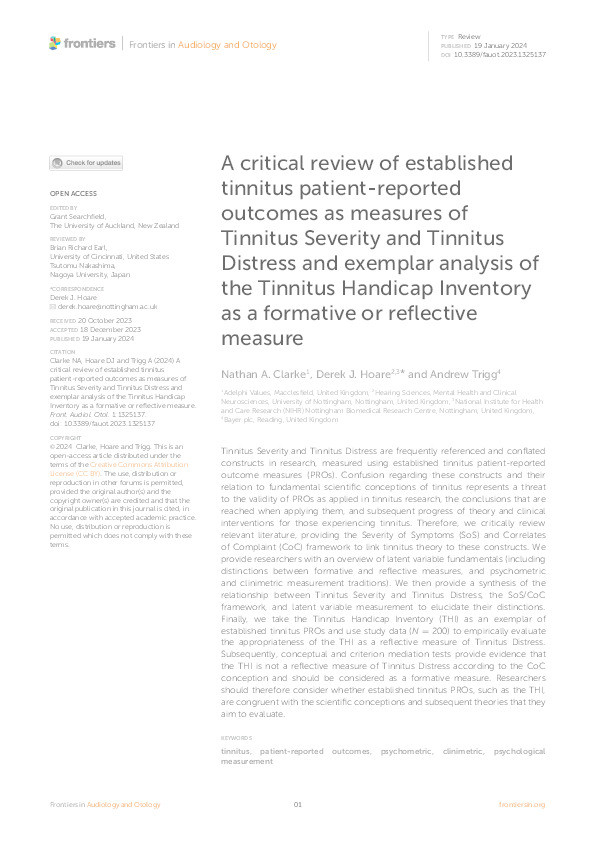 A critical review of established tinnitus patient-reported outcomes as measures of Tinnitus Severity and Tinnitus Distress and exemplar analysis of the Tinnitus Handicap Inventory as a formative or reflective measure Thumbnail