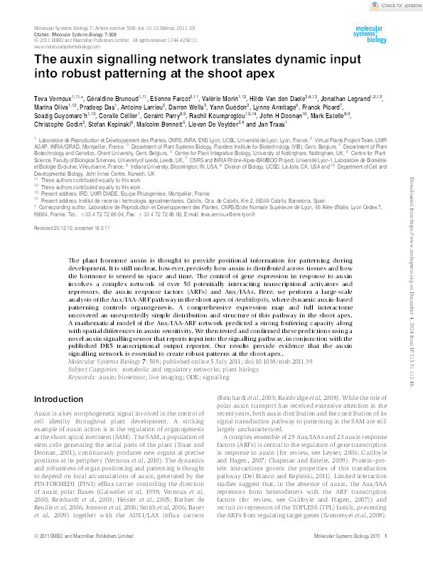 The auxin signalling network translates dynamic input into robust patterning at the shoot apex Thumbnail