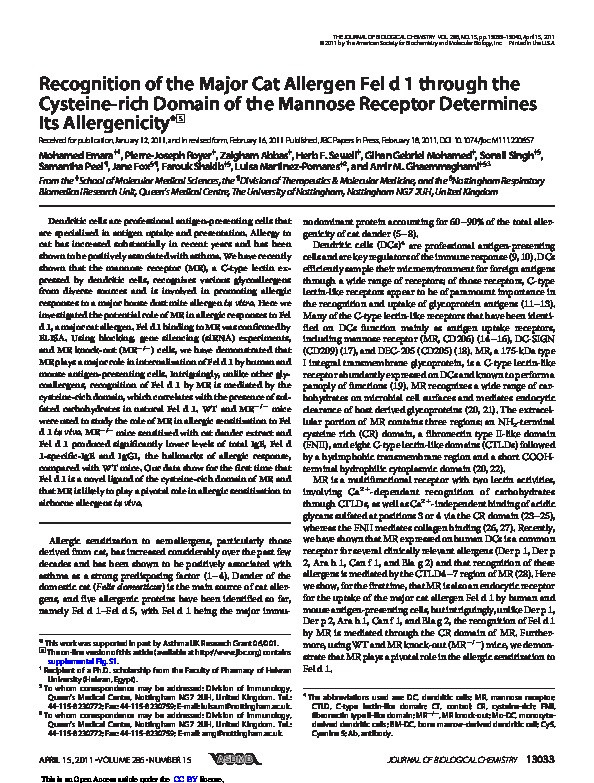 Recognition of the major cat allergen Fel d 1 through the cysteine-rich domain of the mannose receptor determines its allergenicity Thumbnail